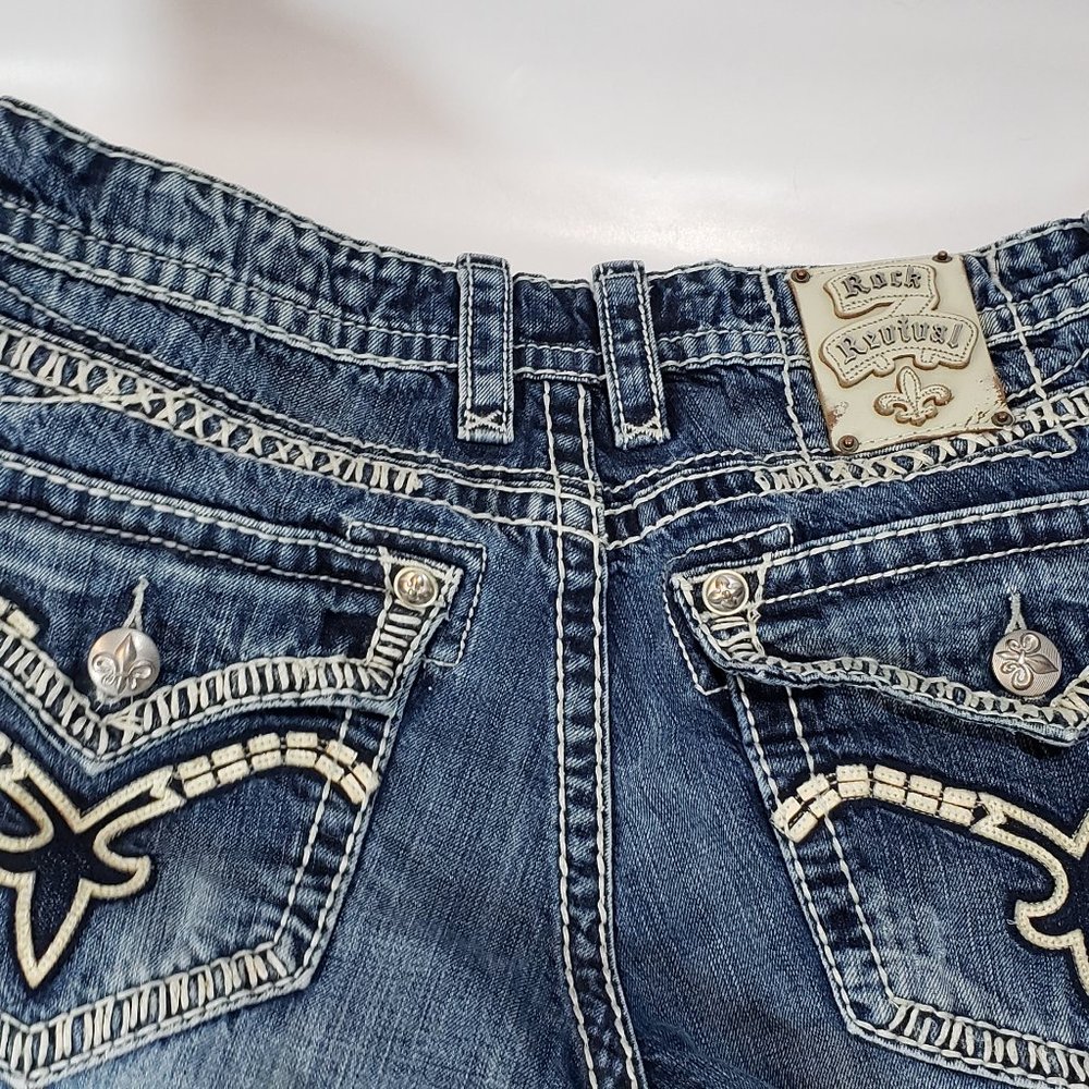 Rock Revival Jeremy Straight Boot Cut Jeans Distressed Medium Wash Size 34